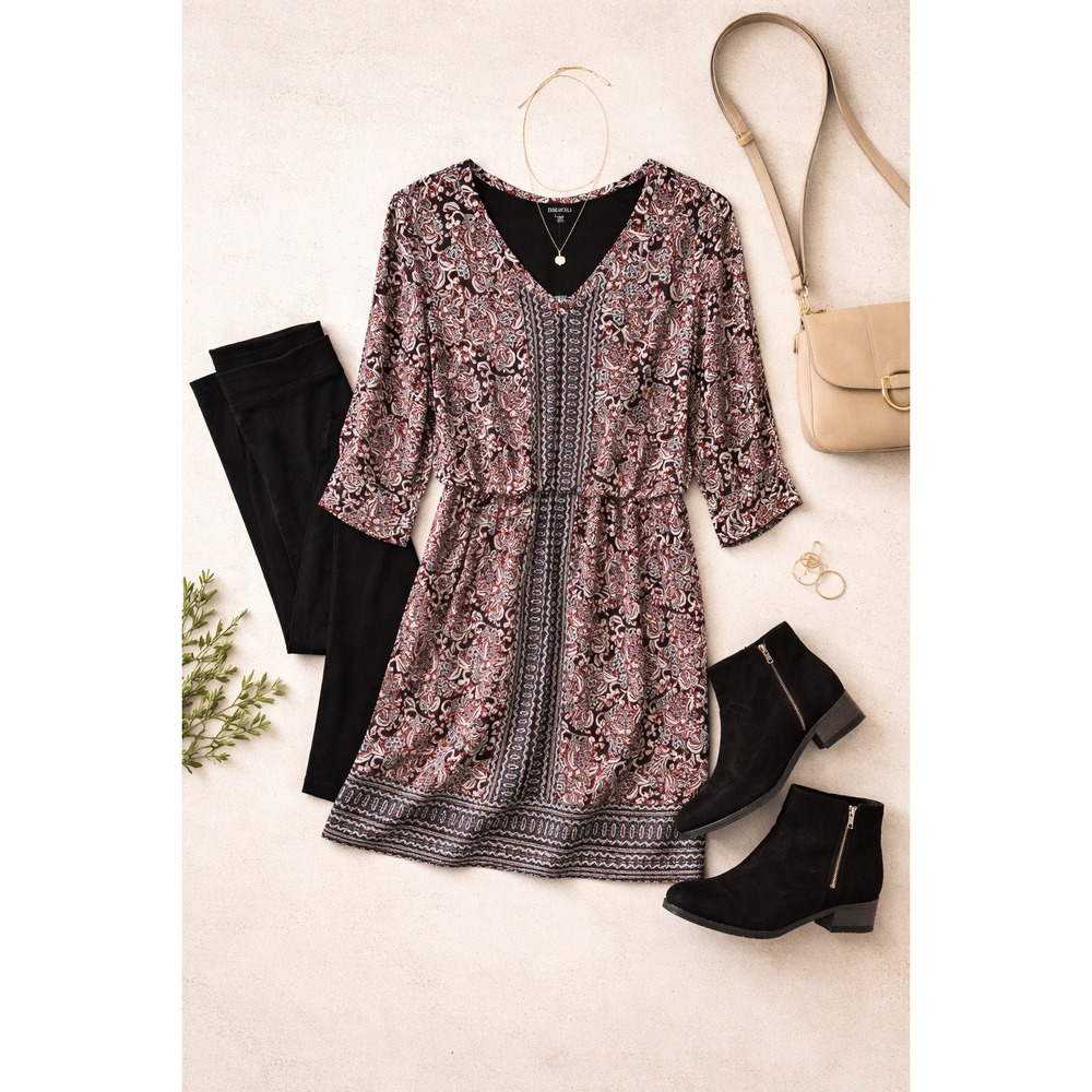 Roz &‎ Ali Paisley Dress Womens 1X 3/4 Sleeve Boho Tunic Shift Black Red White